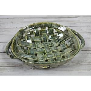 Studio Art Pottery Basket Style Bowl Signed Appalachian Green Blue Organic Decor